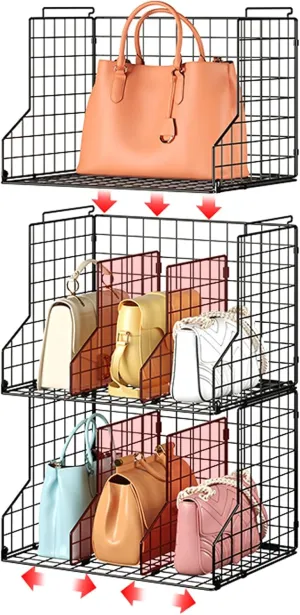 Sonyabecca Purse Storage Organizer for Closet : Adjustable 3-Pack Dividers Handbag Organizer - Stackable Wire Handbags Storage Baskets -Open Cabinets Wallets Tote Chain Bags Clutches