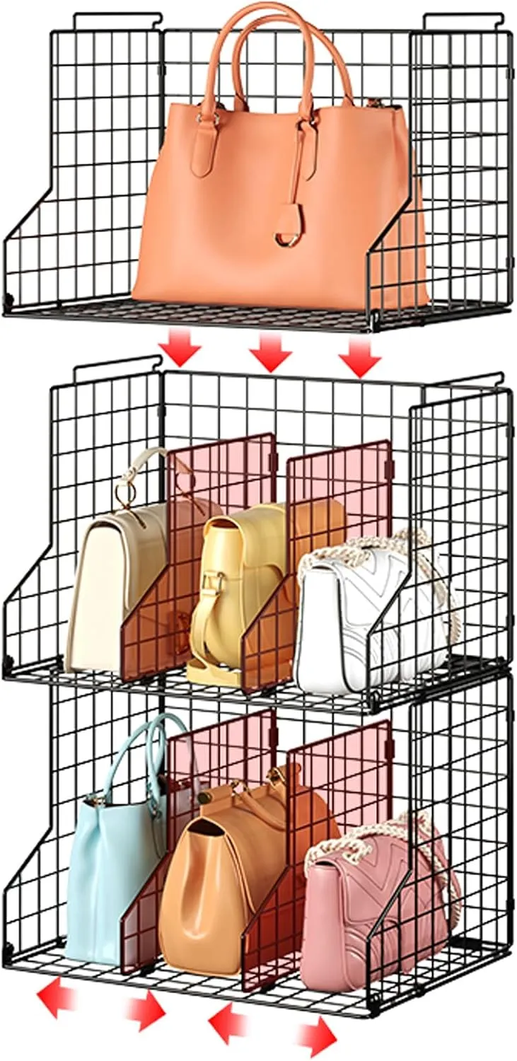 Sonyabecca Purse Storage Organizer for Closet : Adjustable 3-Pack Dividers Handbag Organizer - Stackable Wire Handbags Storage Baskets -Open Cabinets Wallets Tote Chain Bags Clutches
