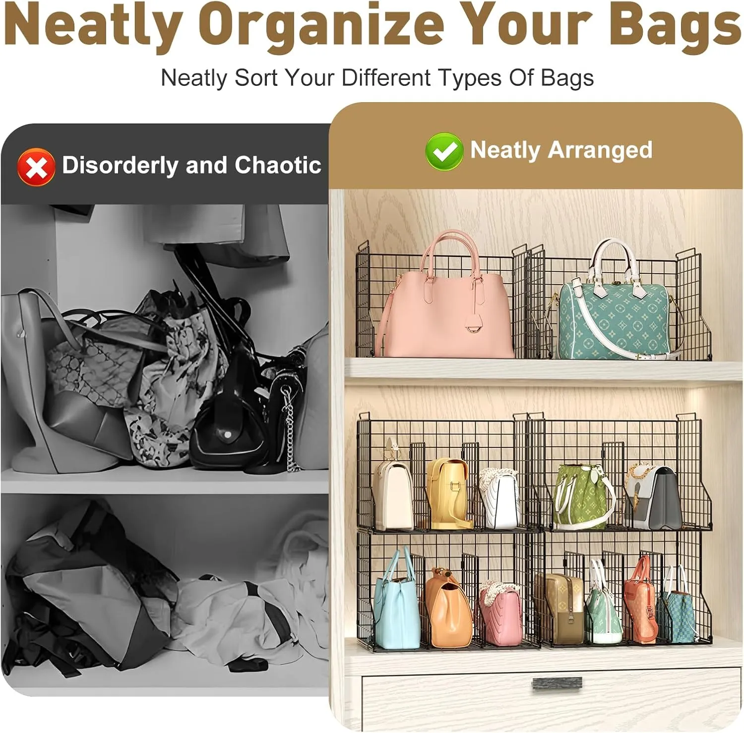 Sonyabecca Purse Storage Organizer for Closet : Adjustable 3-Pack Dividers Handbag Organizer - Stackable Wire Handbags Storage Baskets -Open Cabinets Wallets Tote Chain Bags Clutches
