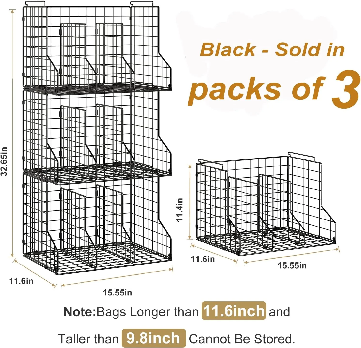 Sonyabecca Purse Storage Organizer for Closet : Adjustable 3-Pack Dividers Handbag Organizer - Stackable Wire Handbags Storage Baskets -Open Cabinets Wallets Tote Chain Bags Clutches