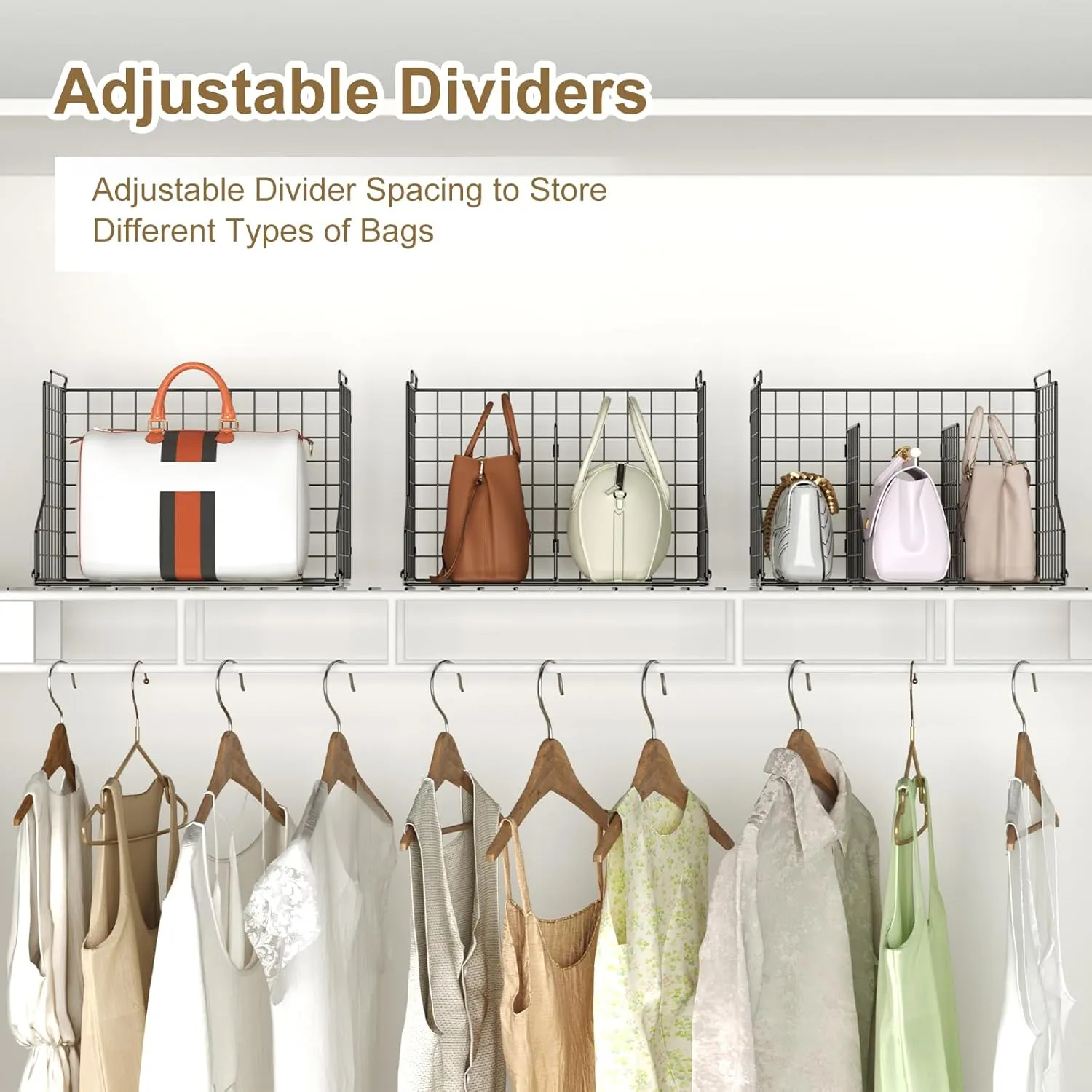 Sonyabecca Purse Storage Organizer for Closet : Adjustable 3-Pack Dividers Handbag Organizer - Stackable Wire Handbags Storage Baskets -Open Cabinets Wallets Tote Chain Bags Clutches