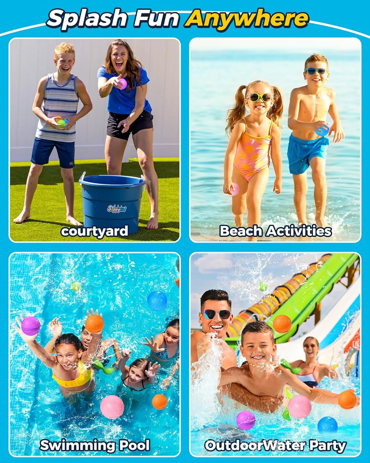 SOPPYCID Reusable Water Bomb balloons, Summer Toy Water Toy for Boys and Girls, Pool Beach Toys for Kids ages 3-12, Outdoor Activities Water Games Toys Self Sealing Water Splash Ball for Fun(16Pack)
