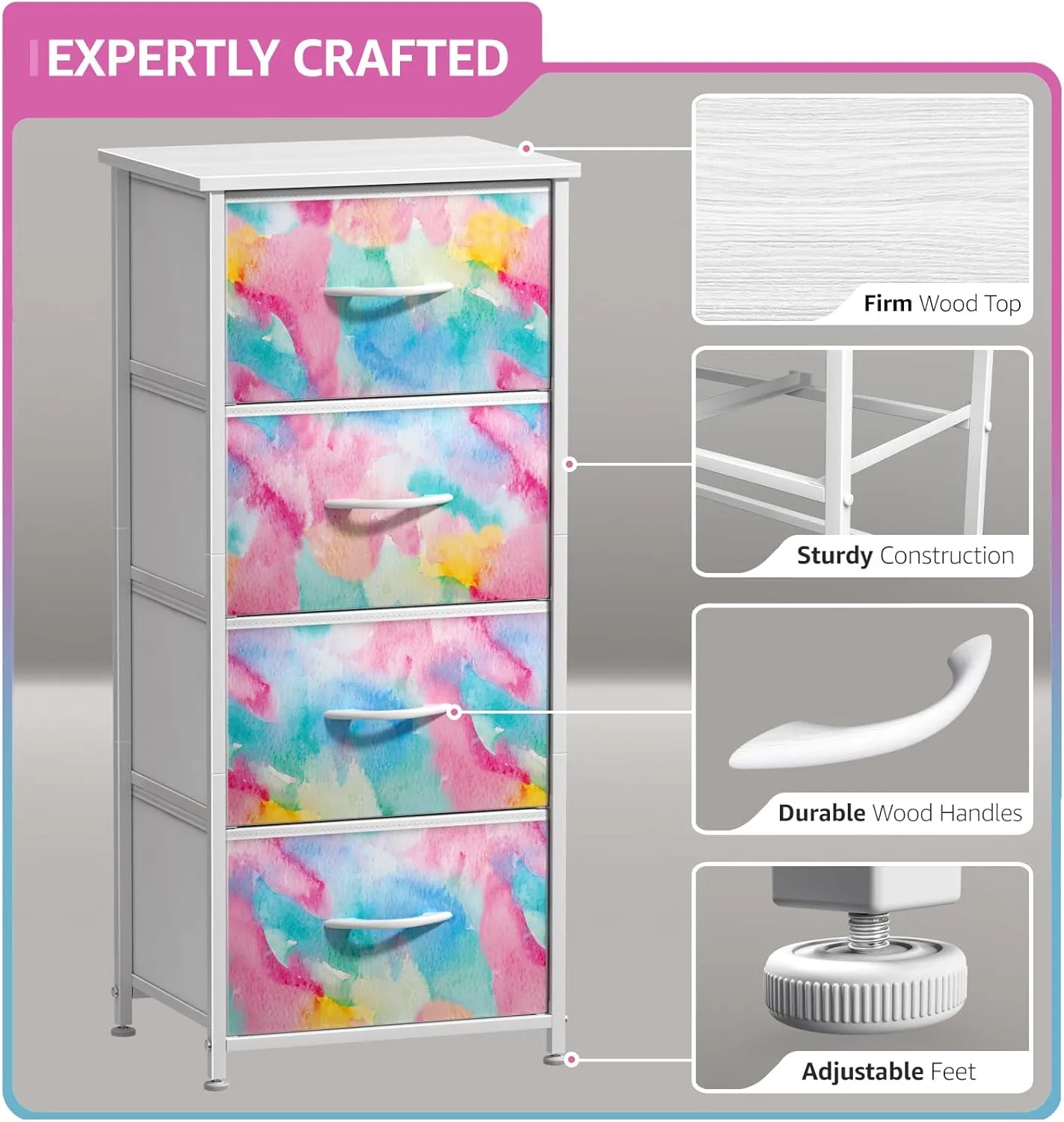 Sorbus Kids Dresser with 4 Drawers - Storage Chest Organizer Nightstand - Steel Frame, Wood Top, Tie-Dye Fabric Bins for Clothes - Wide Furniture for Bedroom, Hallway, Nursery, Closet, & Apartment
