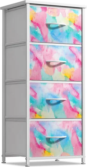 Sorbus Kids Dresser with 4 Drawers - Storage Chest Organizer Nightstand - Steel Frame, Wood Top, Tie-Dye Fabric Bins for Clothes - Wide Furniture for Bedroom, Hallway, Nursery, Closet, & Apartment