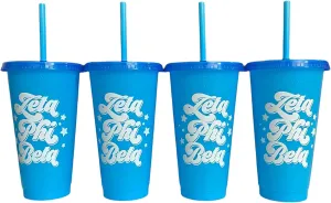 Sorority Shop Zeta Phi Beta Glitter Color Changing Cups - Pack of 4 Reusable Cups with Lids and Straws, Zeta Phi Beta Cup, Perfect Size 24 Oz Tumbler Cups, With Cool Retro Design Logo