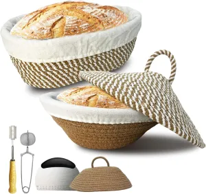 Sourdough Banneton Bread Proofing Basket, Cotton Rope Sourdough Bowl, Oval Bread Banneton Basket, Sourdough Kit, Sour Dough Kit, Proofing Baskets For Sourdough Bread Baking with Lid Lame Scraper
