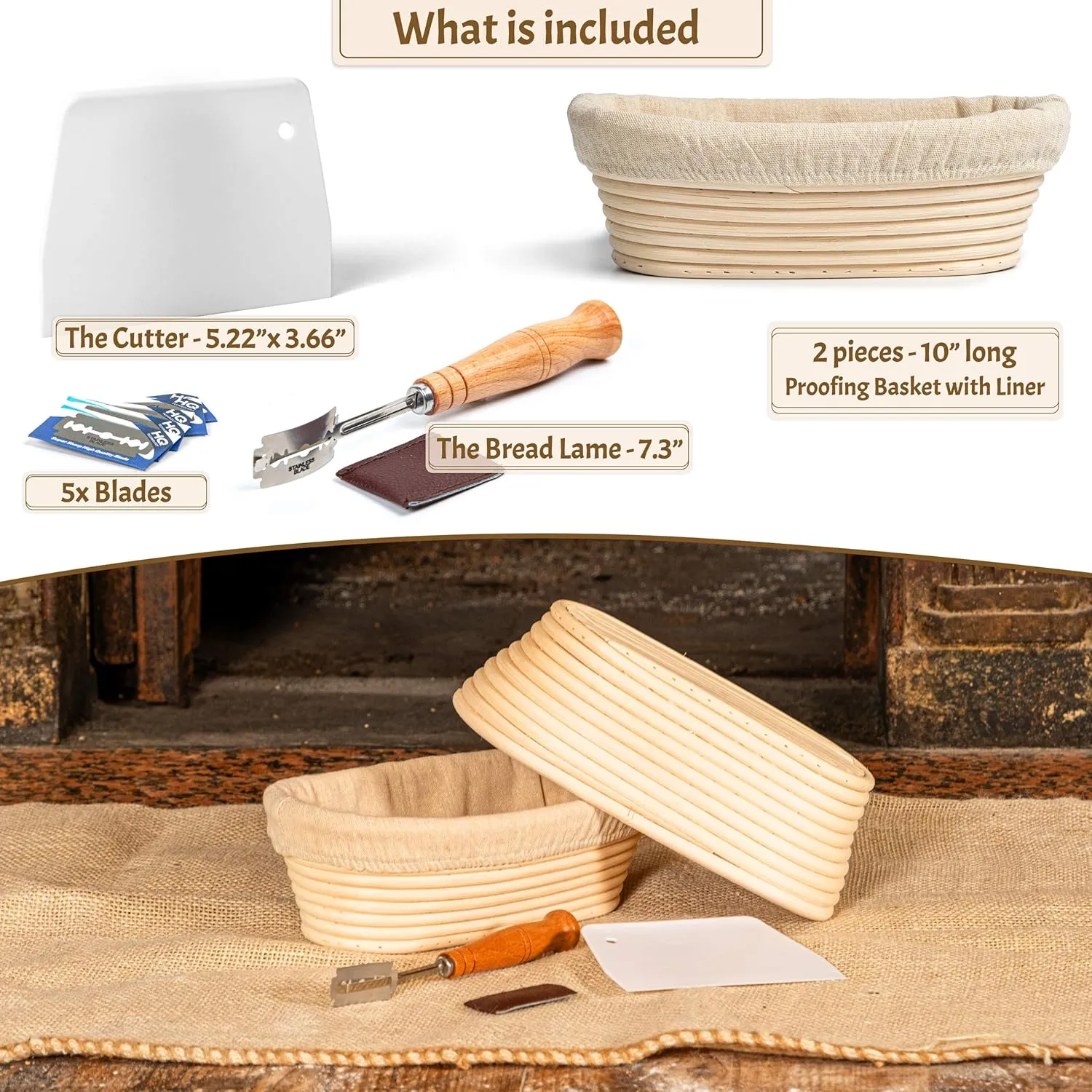 Sourdough Bread Baking Supplies Starter Kit, Banneton Proofing Basket Oval 10" Set of 2, Basket Gift Set