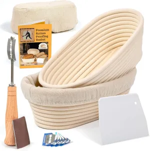 Sourdough Bread Baking Supplies Starter Kit, Banneton Proofing Basket Oval 10" Set of 2, Basket Gift Set