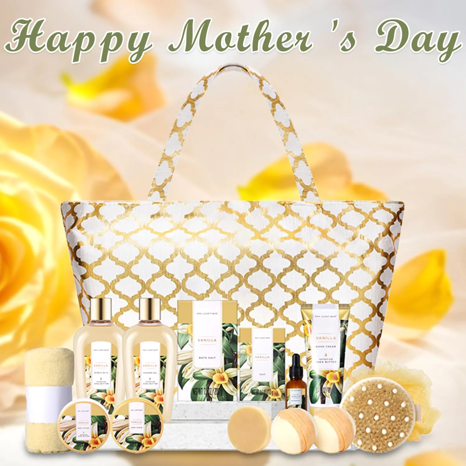Spa Luxetique Gift Baskets for Women,15 Pcs Vanilla Spa Gifts for Women, Women's Gifts with Bubble Bath, Bath Salt, Bath Bombs, Mothers Day Spa Baskets