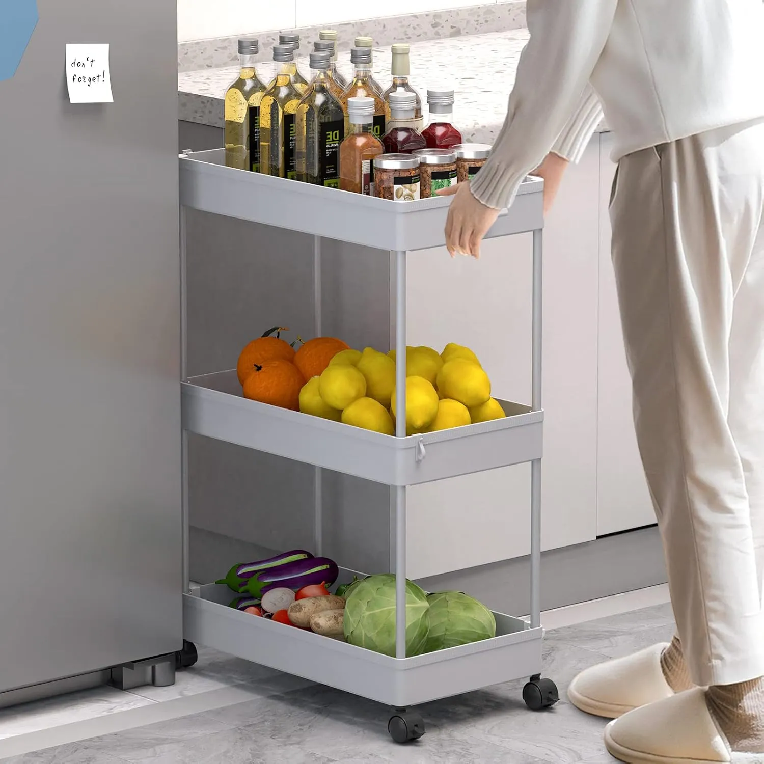 SPACELEAD 3 Tier Rolling Cart with Wheels, Storage Craft Art Trolley Organizer Serving, 3 Hanging Baskets Easy Assembly, for Office, Living Room, Kitchen, Gray