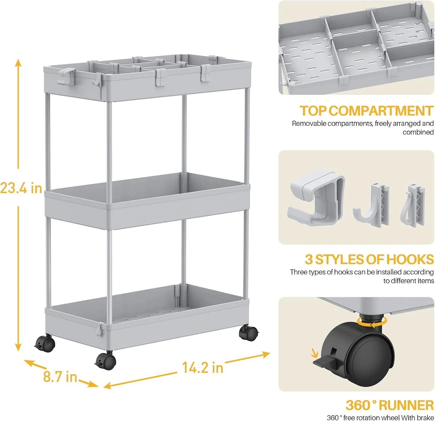 SPACELEAD 3 Tier Rolling Cart with Wheels, Storage Craft Art Trolley Organizer Serving, 3 Hanging Baskets Easy Assembly, for Office, Living Room, Kitchen, Gray