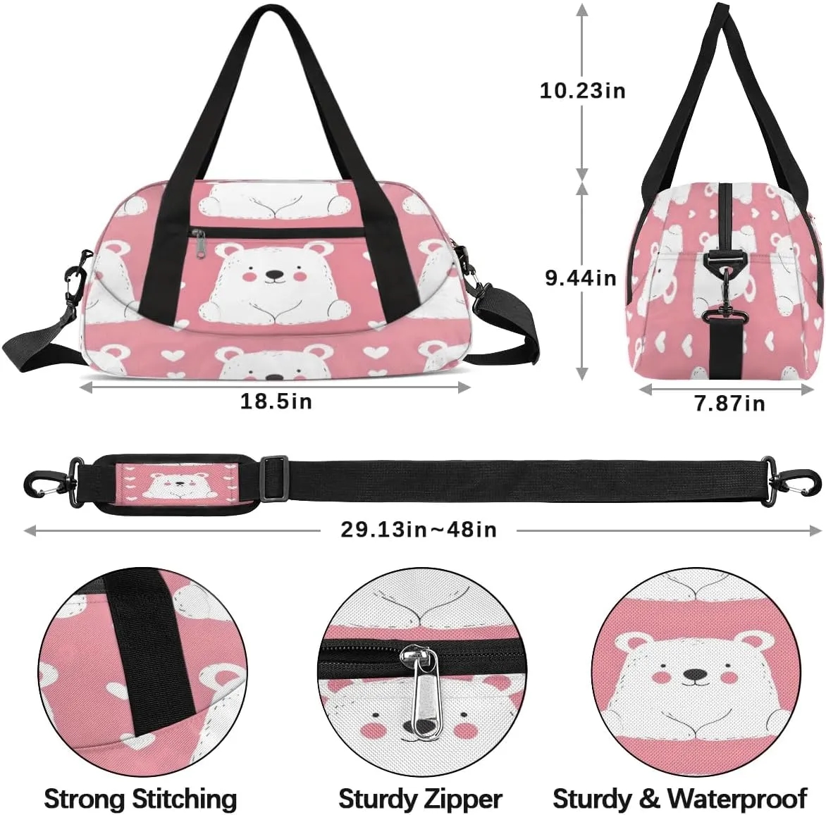 Sport Duffel Bag Bear Love Heart Kids Gym Bag Weekender Overnight Bags for Boys Girls Teens Carry On Workout Travel Bag