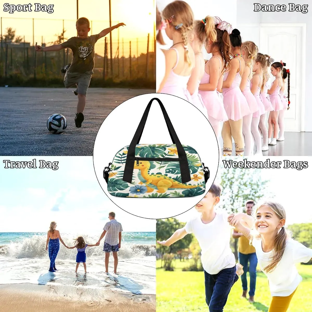 Sport Duffel Bag Dinosaur Palm Leaves Kids Gym Bag Weekender Overnight Bags for Boys Girls Teens Carry On Workout Travel Bag