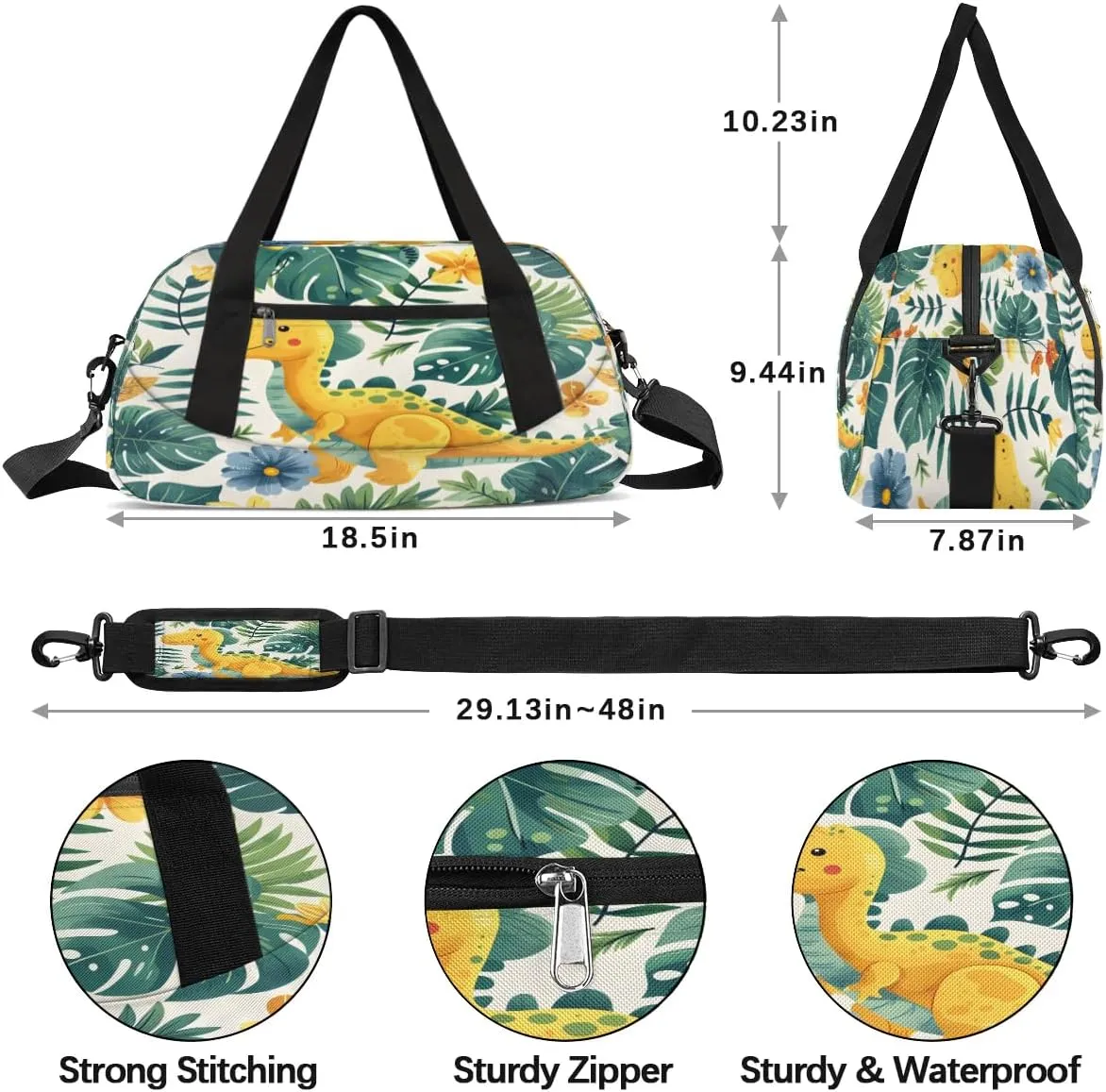 Sport Duffel Bag Dinosaur Palm Leaves Kids Gym Bag Weekender Overnight Bags for Boys Girls Teens Carry On Workout Travel Bag