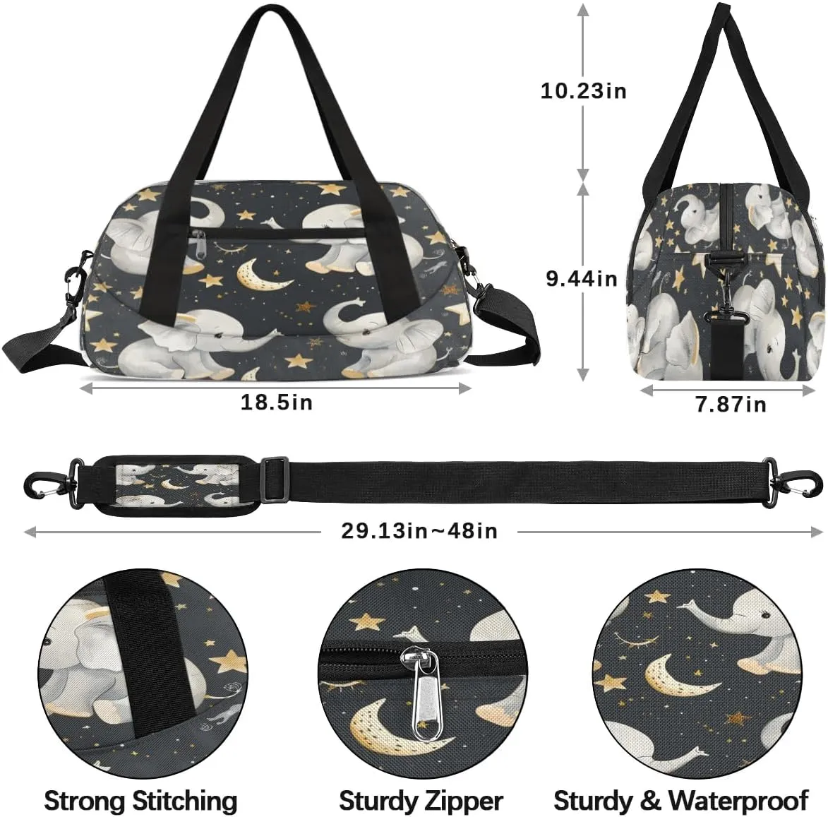 Sport Duffel Bag Elephant Star Moon Kids Gym Bag Weekender Overnight Bags for Boys Girls Teens Carry On Workout Travel Bag