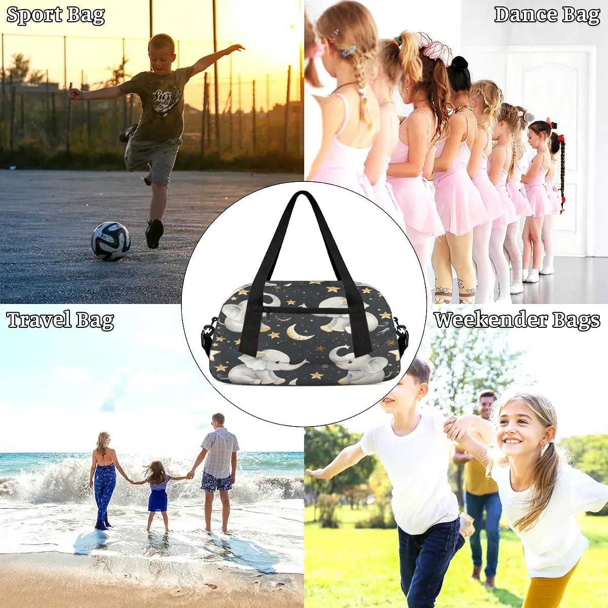 Sport Duffel Bag Elephant Star Moon Kids Gym Bag Weekender Overnight Bags for Boys Girls Teens Carry On Workout Travel Bag