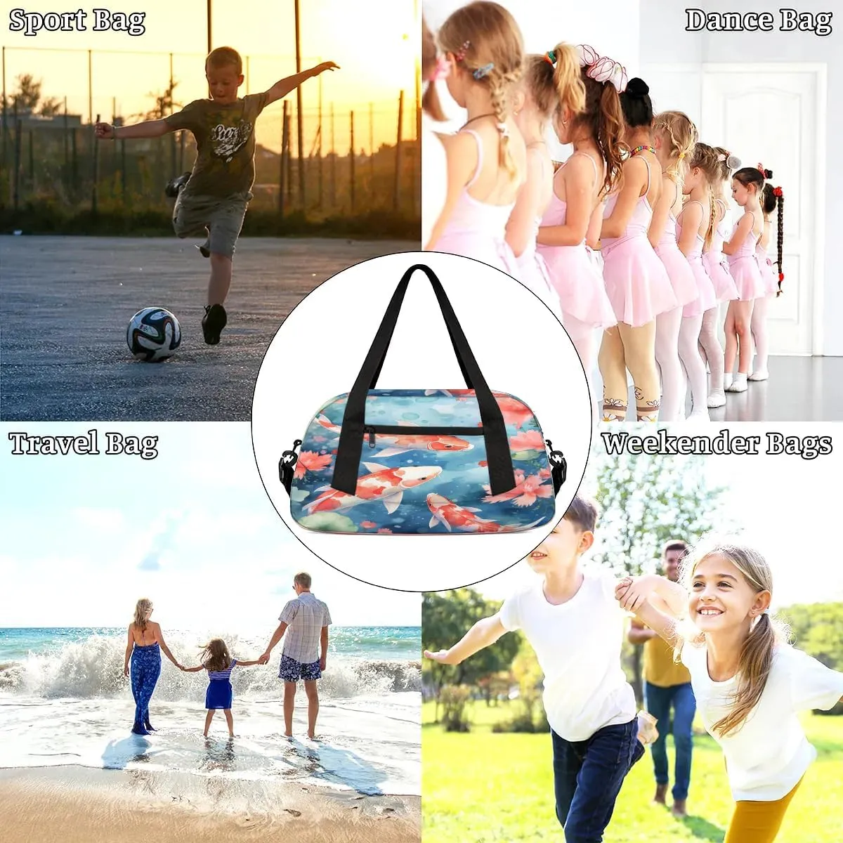 Sport Duffel Bag Fishes Flowers Kids Gym Bag Weekender Overnight Bags for Boys Girls Teens Carry On Workout Travel Bag