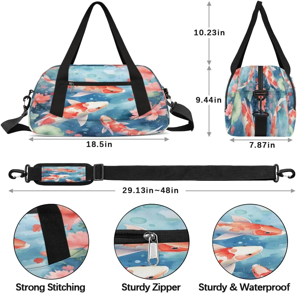Sport Duffel Bag Fishes Flowers Kids Gym Bag Weekender Overnight Bags for Boys Girls Teens Carry On Workout Travel Bag