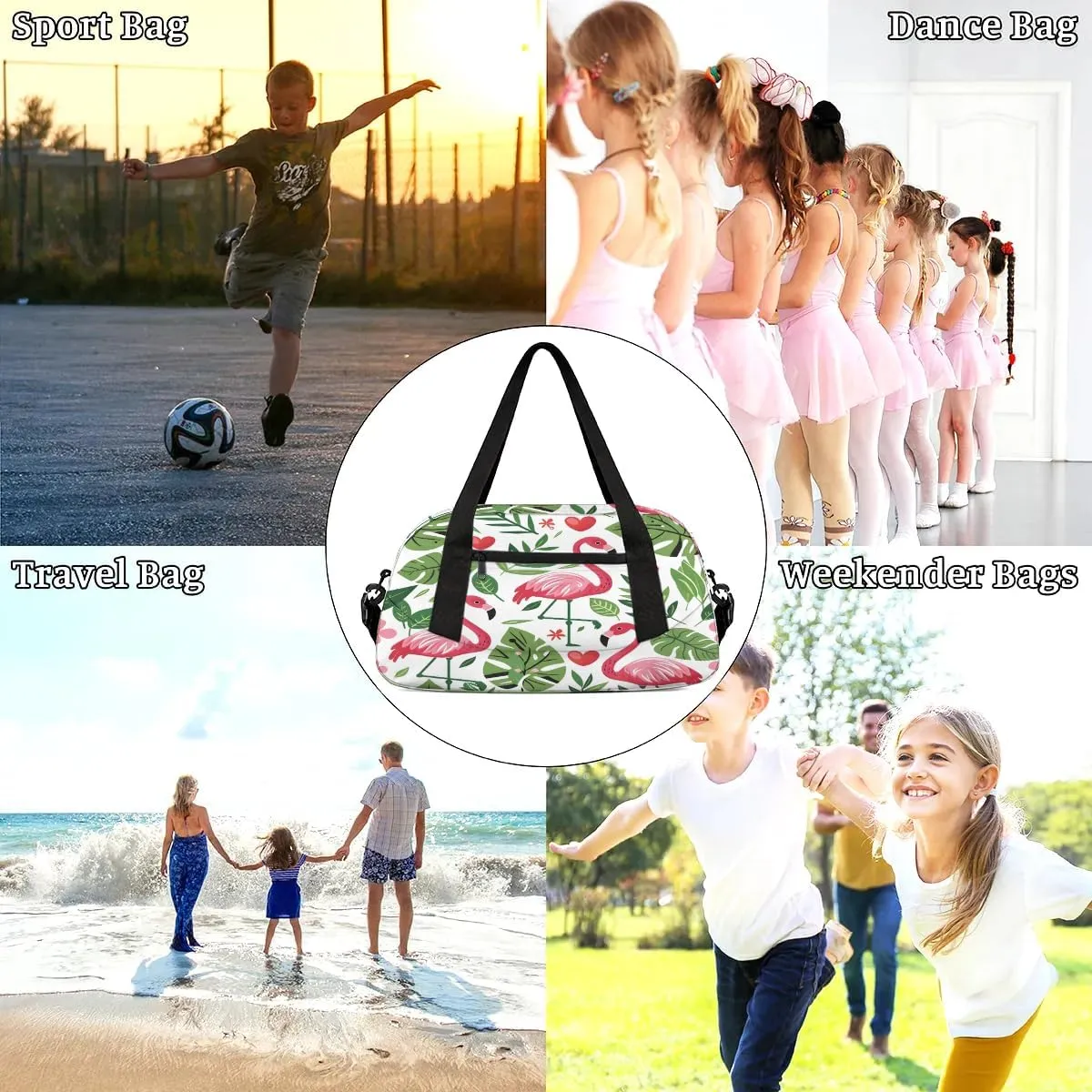 Sport Duffel Bag Flamingo Fern Leaf Kids Gym Bag Weekender Overnight Bags for Boys Girls Teens Carry On Workout Travel Bag