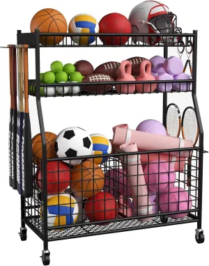 Sports Equipment Organizer,Garage Organizers and Storage,Sports Ball Storage Garage Organization Cart,Storage Rack Black