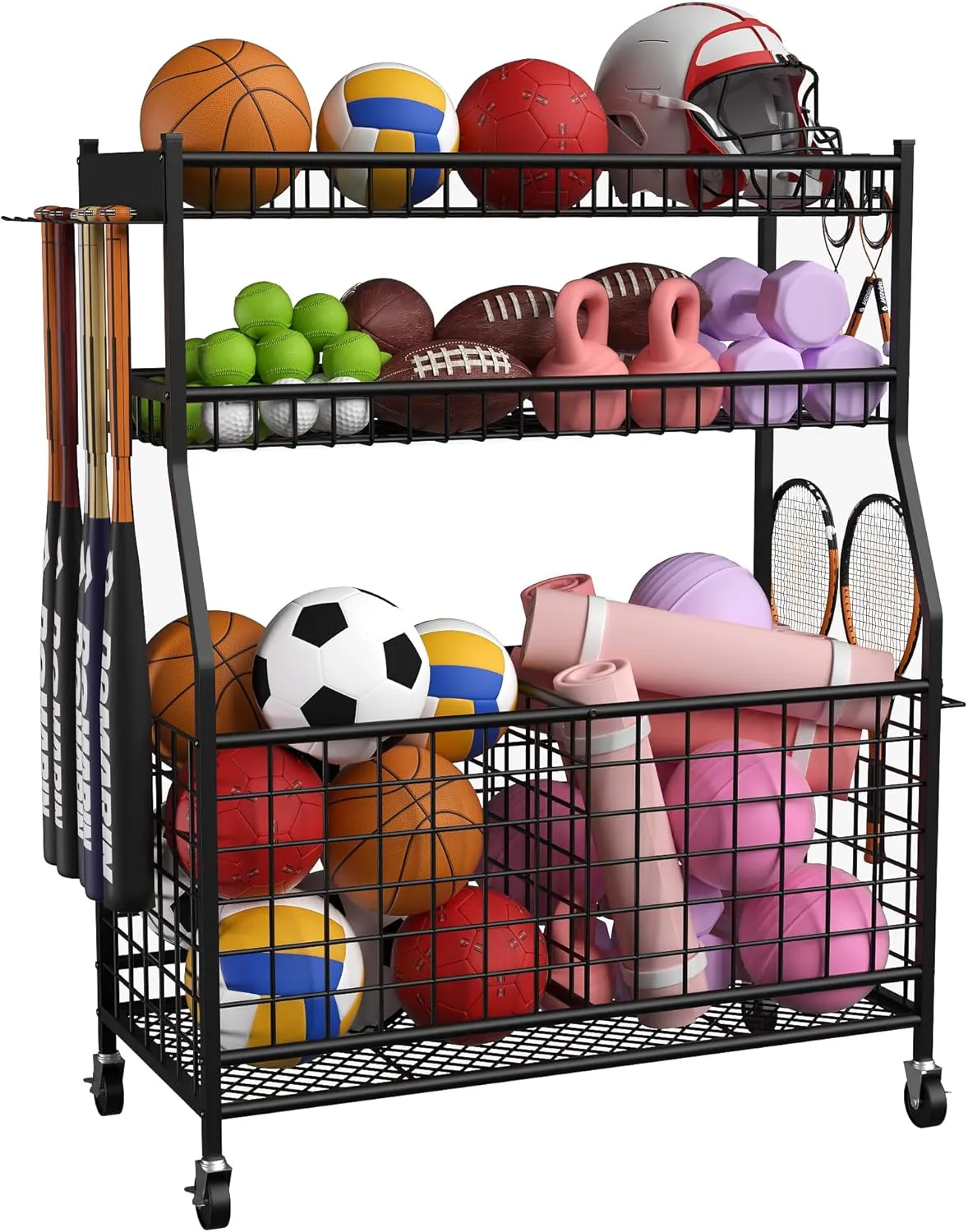 Sports Equipment Organizer,Garage Organizers and Storage,Sports Ball Storage Garage Organization Cart,Storage Rack Black