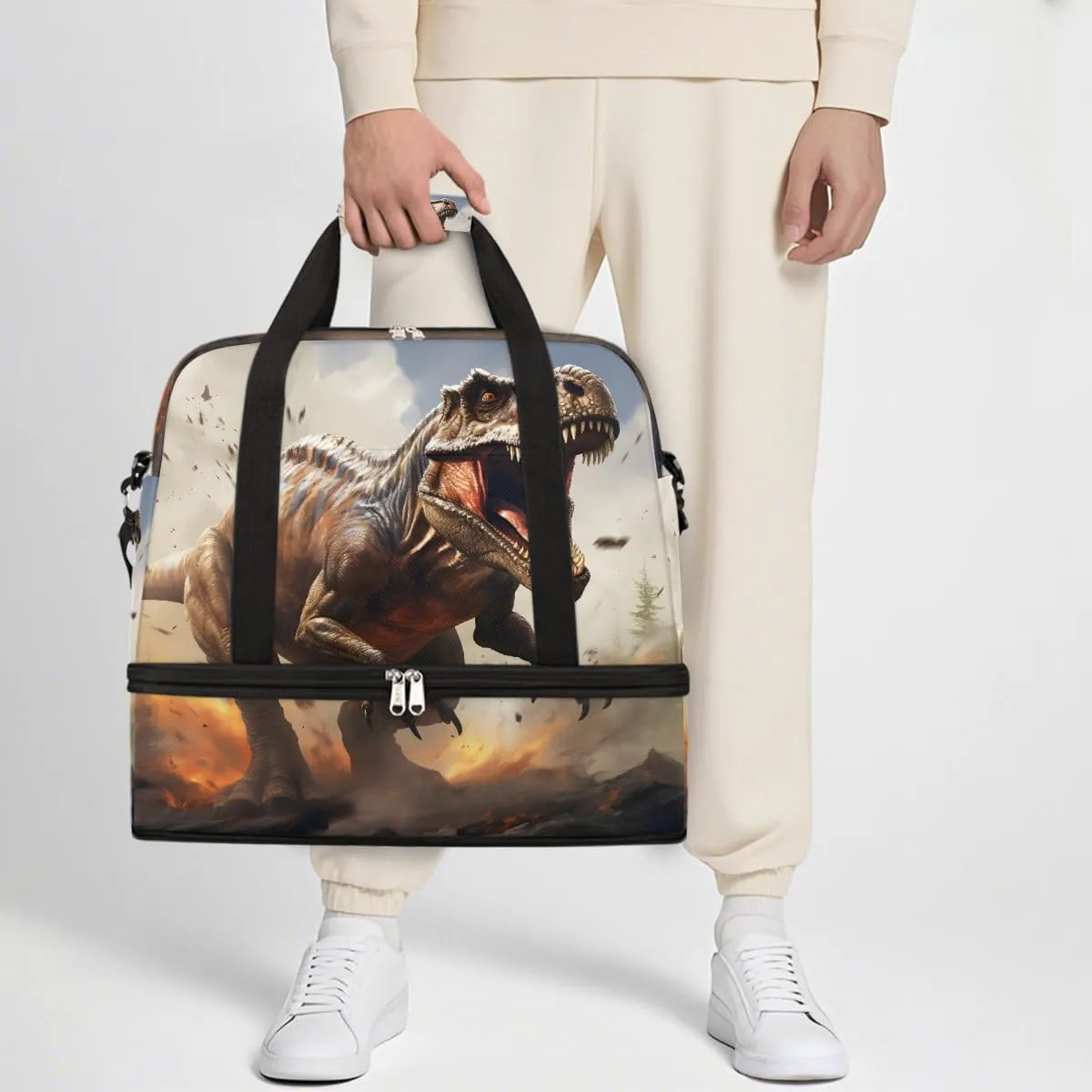 Sports Gym Bag Ferocious Dinosaur Large Travel Duffel Bag With Shoe Compartment Foldable Waterproof Carry-On Weekend Travel Bags for Camping Overnight Yoga Hospital Travel Bags