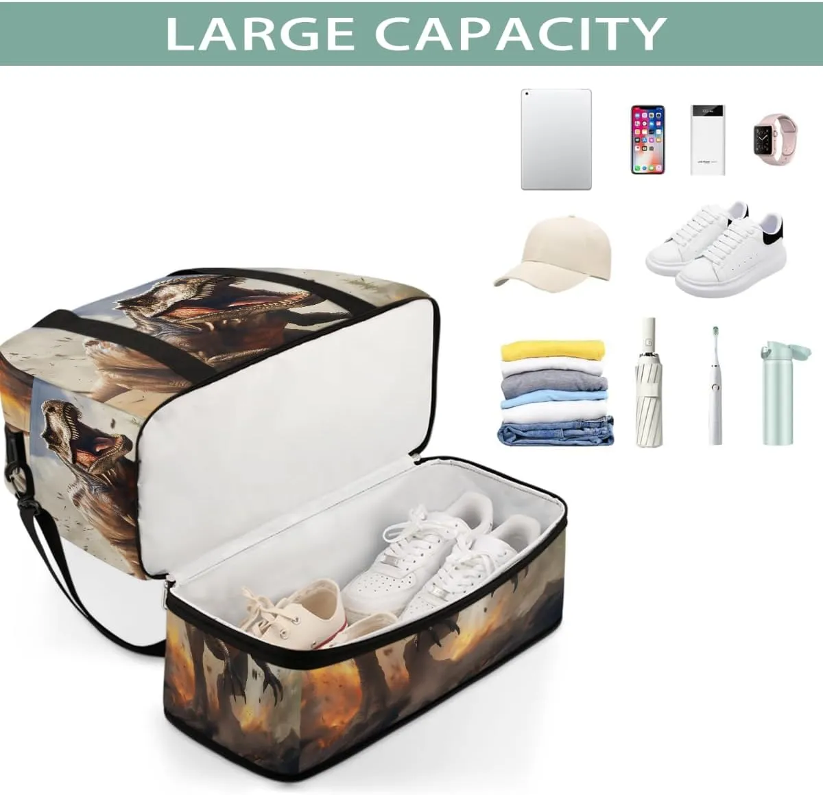 Sports Gym Bag Ferocious Dinosaur Large Travel Duffel Bag With Shoe Compartment Foldable Waterproof Carry-On Weekend Travel Bags for Camping Overnight Yoga Hospital Travel Bags