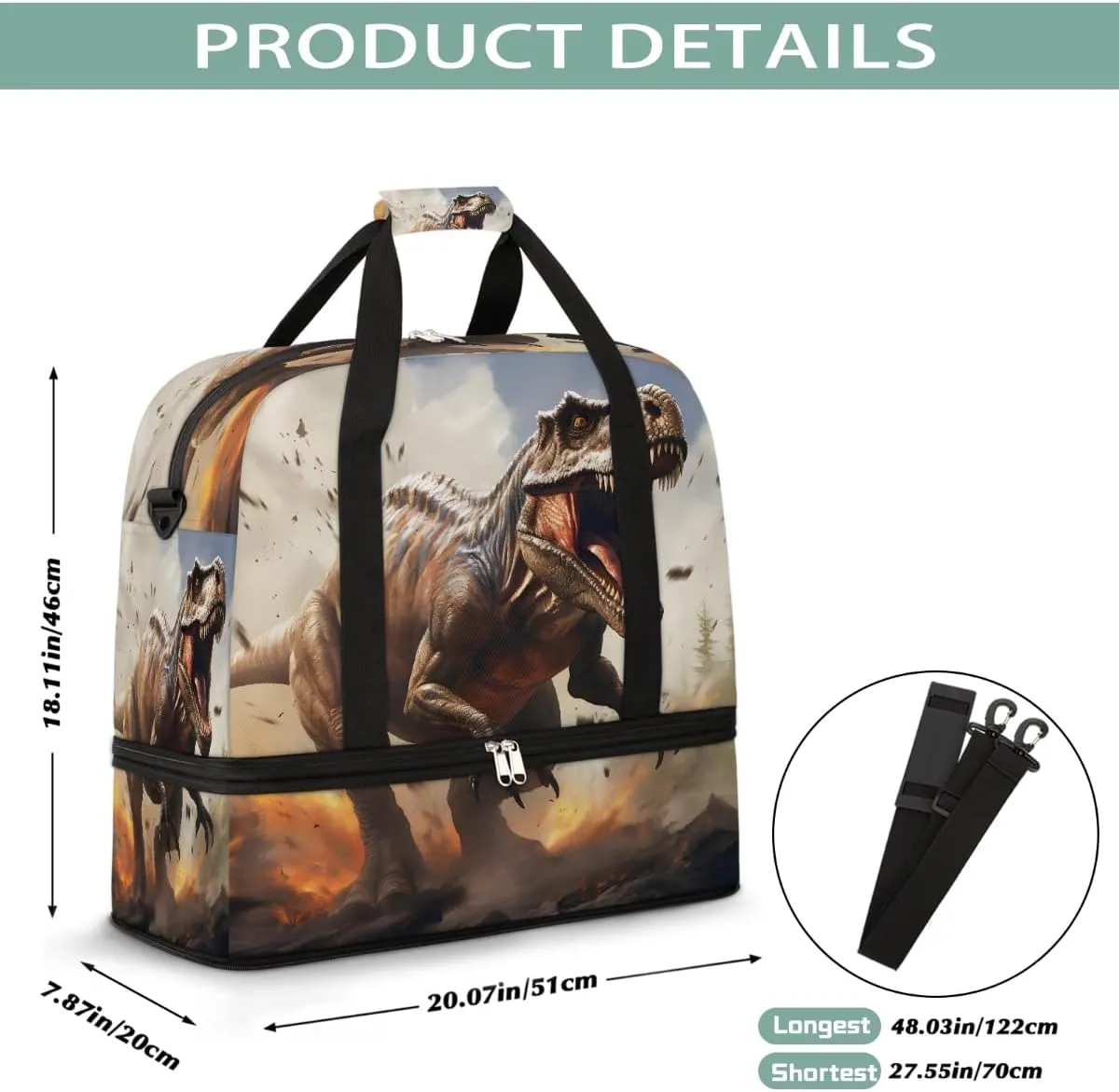 Sports Gym Bag Ferocious Dinosaur Large Travel Duffel Bag With Shoe Compartment Foldable Waterproof Carry-On Weekend Travel Bags for Camping Overnight Yoga Hospital Travel Bags