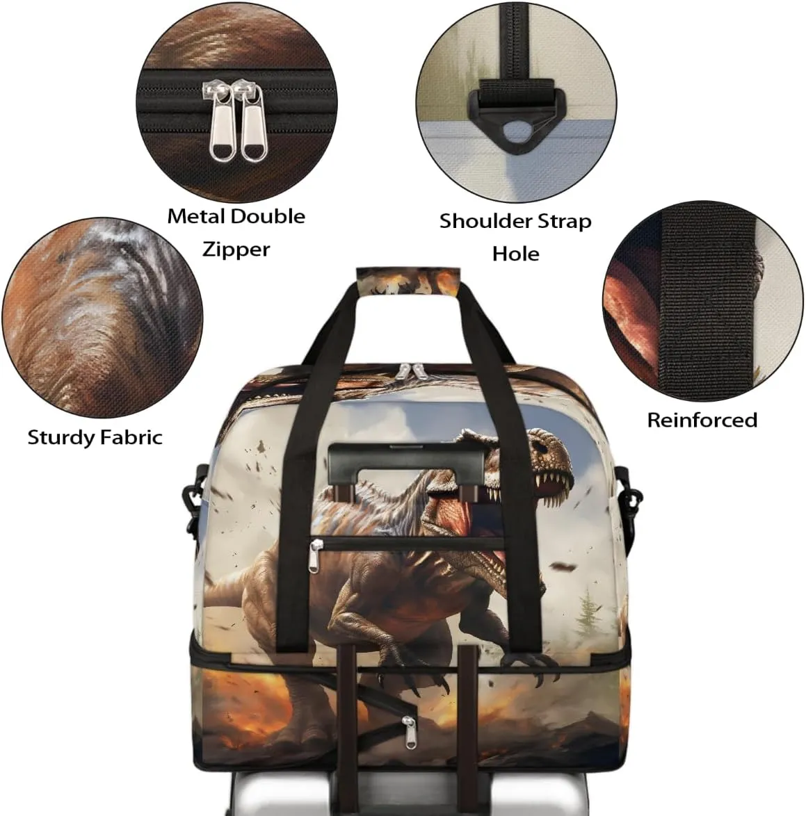 Sports Gym Bag Ferocious Dinosaur Large Travel Duffel Bag With Shoe Compartment Foldable Waterproof Carry-On Weekend Travel Bags for Camping Overnight Yoga Hospital Travel Bags