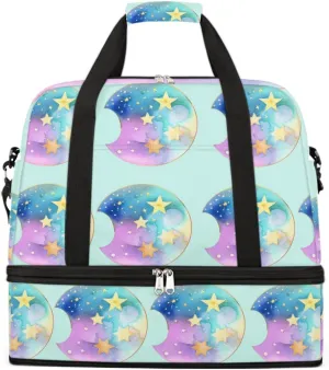 Sports Gym Bag Stars Moon Painting Large Travel Duffel Bag With Shoe Compartment Foldable Waterproof Carry-On Weekend Travel Bags for Camping Overnight Yoga Hospital Travel Bags