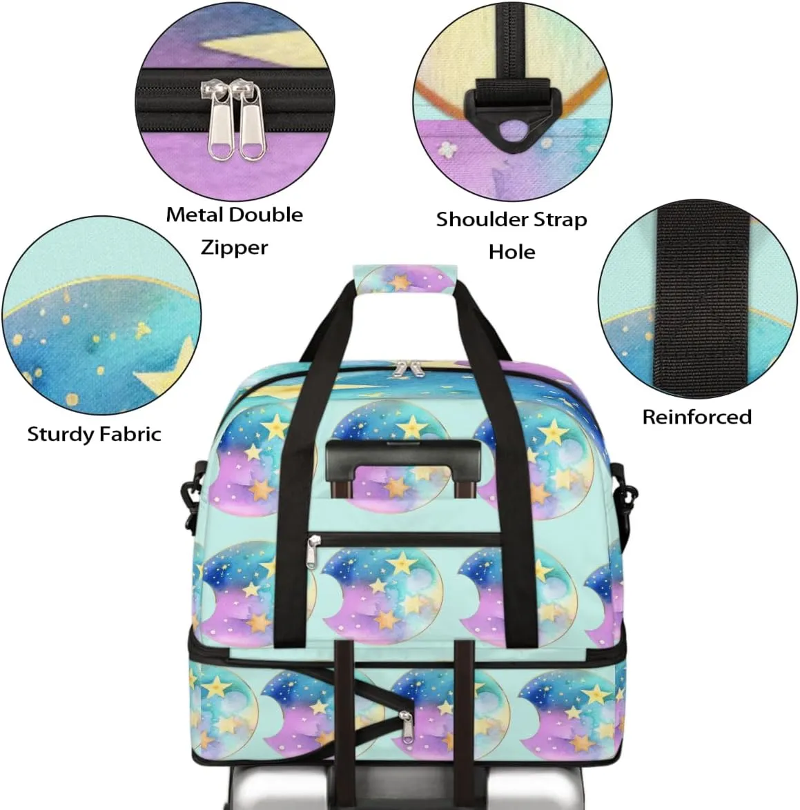 Sports Gym Bag Stars Moon Painting Large Travel Duffel Bag With Shoe Compartment Foldable Waterproof Carry-On Weekend Travel Bags for Camping Overnight Yoga Hospital Travel Bags