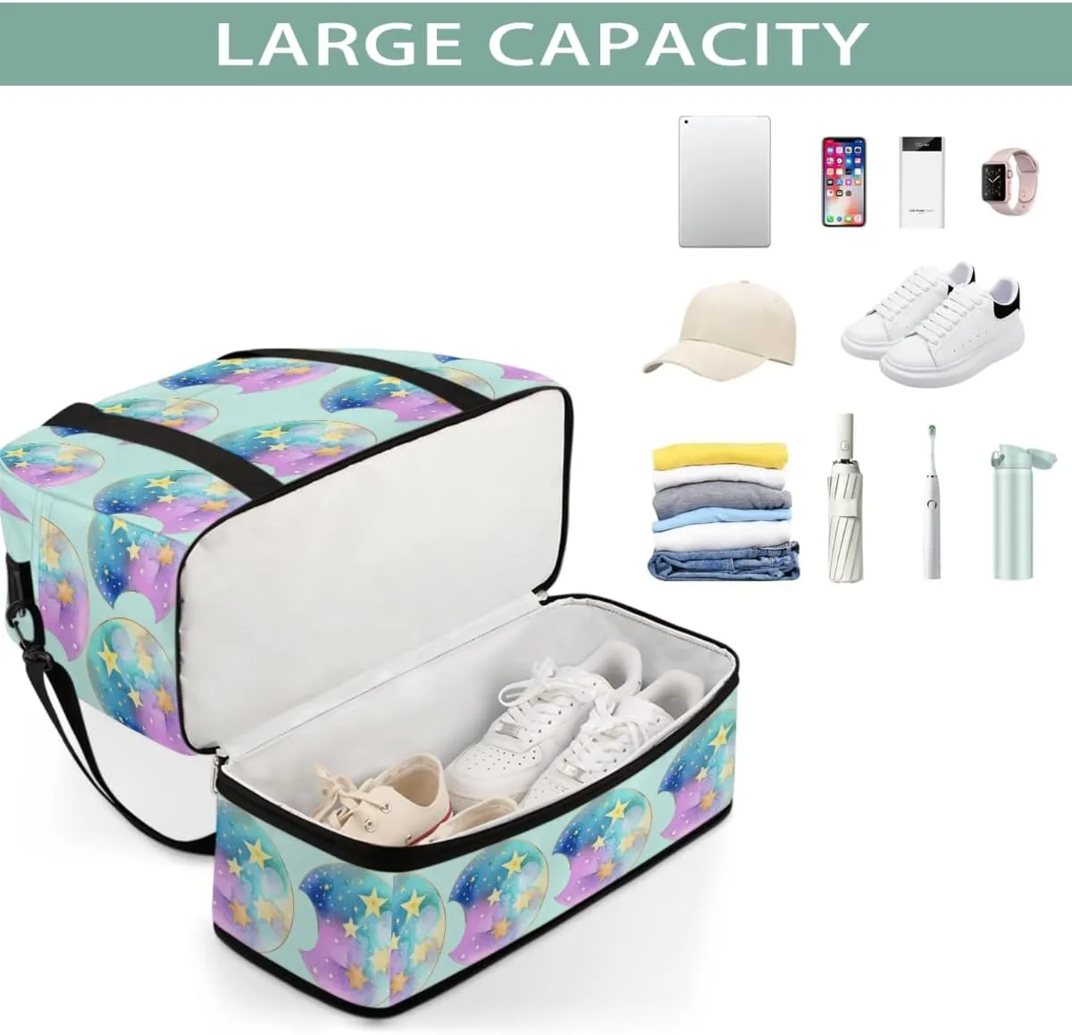 Sports Gym Bag Stars Moon Painting Large Travel Duffel Bag With Shoe Compartment Foldable Waterproof Carry-On Weekend Travel Bags for Camping Overnight Yoga Hospital Travel Bags