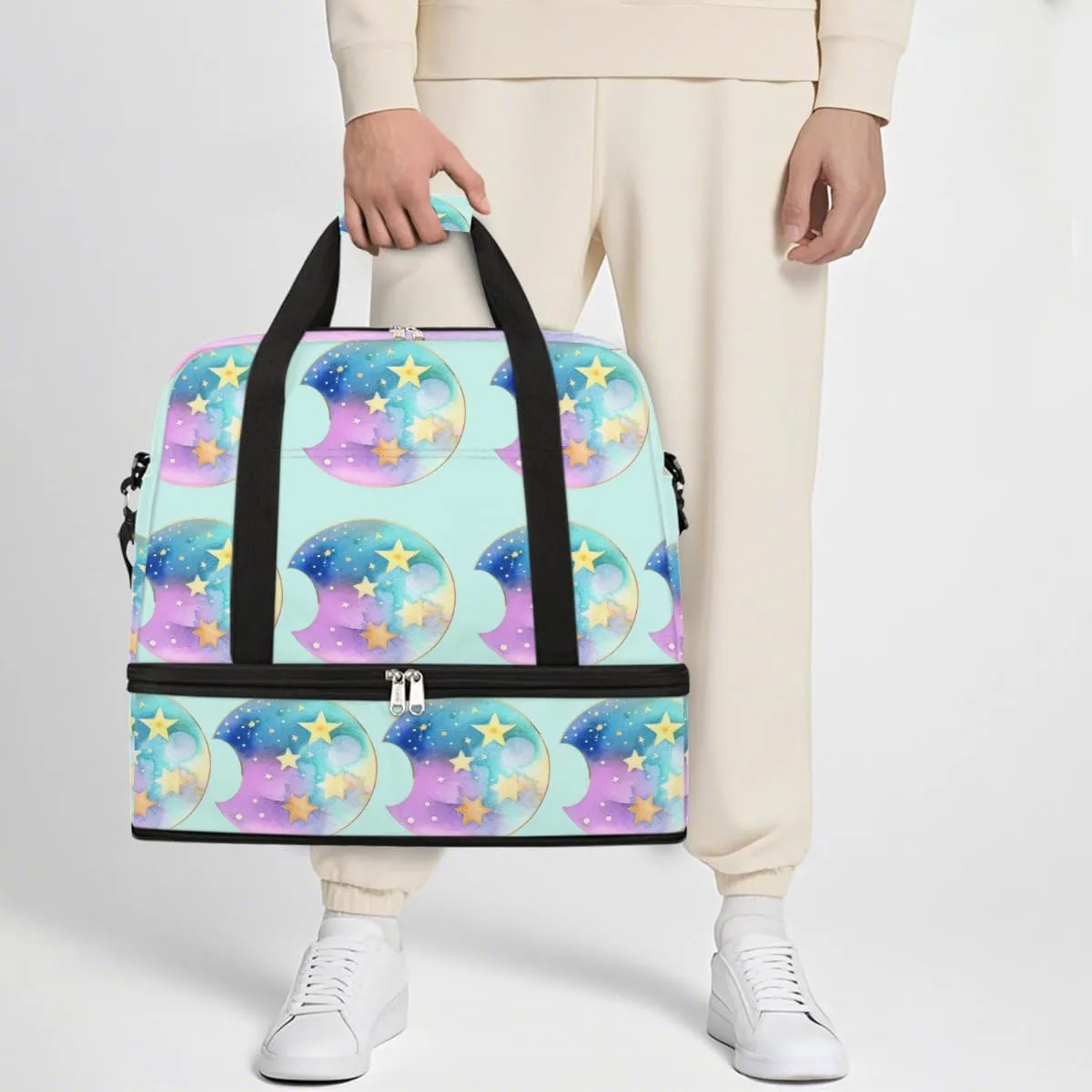 Sports Gym Bag Stars Moon Painting Large Travel Duffel Bag With Shoe Compartment Foldable Waterproof Carry-On Weekend Travel Bags for Camping Overnight Yoga Hospital Travel Bags