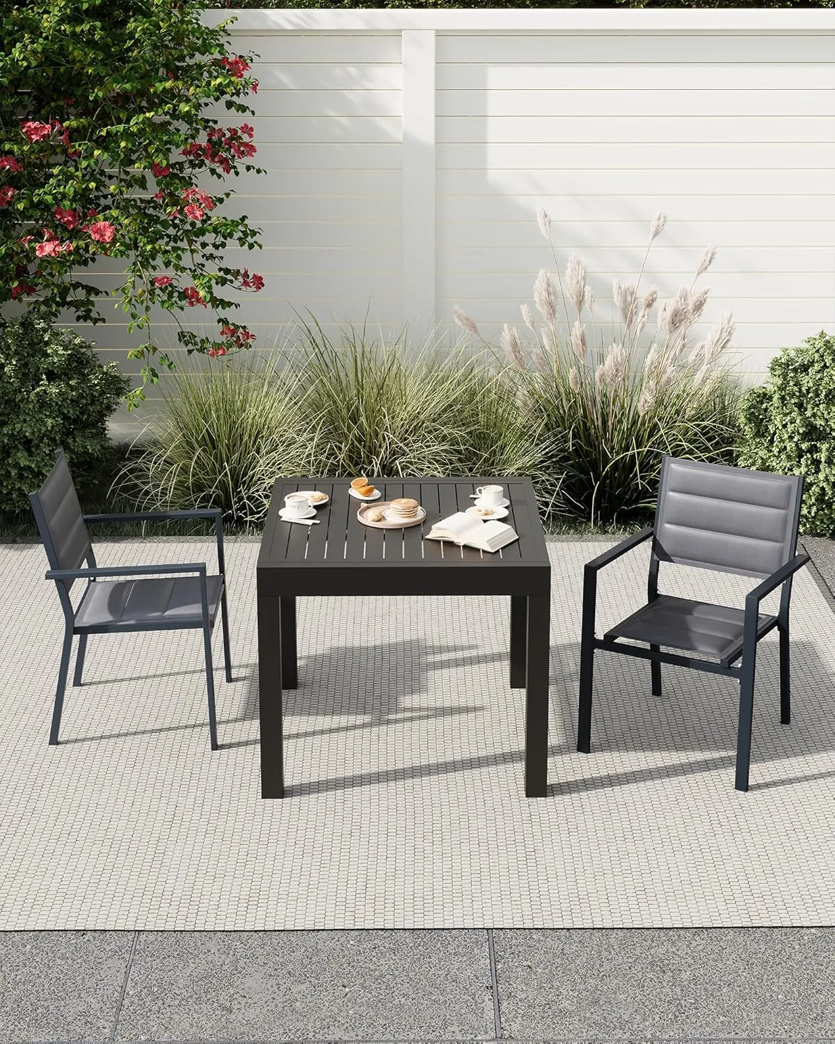 Stackable Patio Chairs Set of 4, Outdoor Aluminum Dining Chairs with Armrest 300Lbs Weight Capacity, Outdoor Patio Furniture Wider Seat for Balcony, Garden, Backyard, Dark Gray