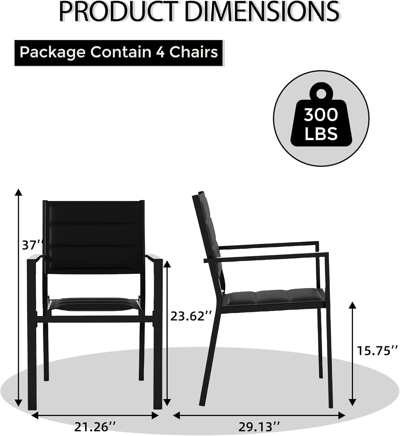 Stackable Patio Chairs Set of 4, Outdoor Aluminum Dining Chairs with Armrest 300Lbs Weight Capacity, Outdoor Patio Furniture Wider Seat for Balcony, Garden, Backyard,Black