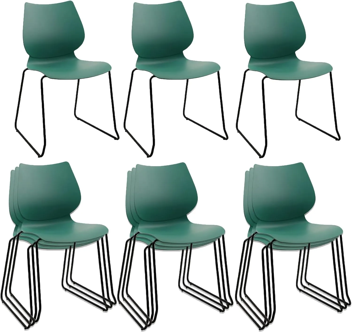 Stacking Chairs, Stackable Waiting Room Chairs, Conference Chair with Back & Church Chairs No Wheels with Metal Legs, Suitable for Offices Conference Training Waiting Room Set of 12, Green