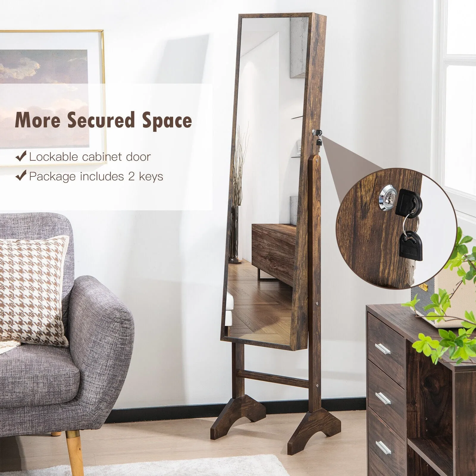 Standing Jewelry Cabinet Jewelry Armoire Cabinet with Full-Brown
