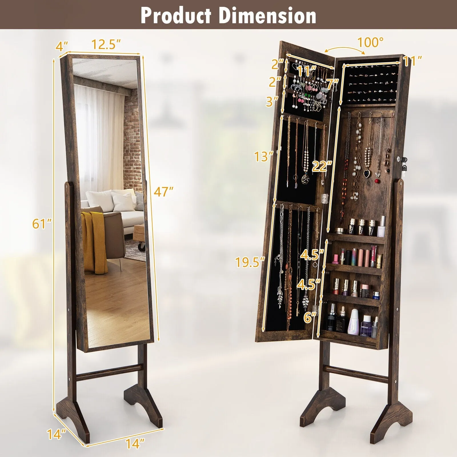 Standing Jewelry Cabinet Jewelry Armoire Cabinet with Full-Brown