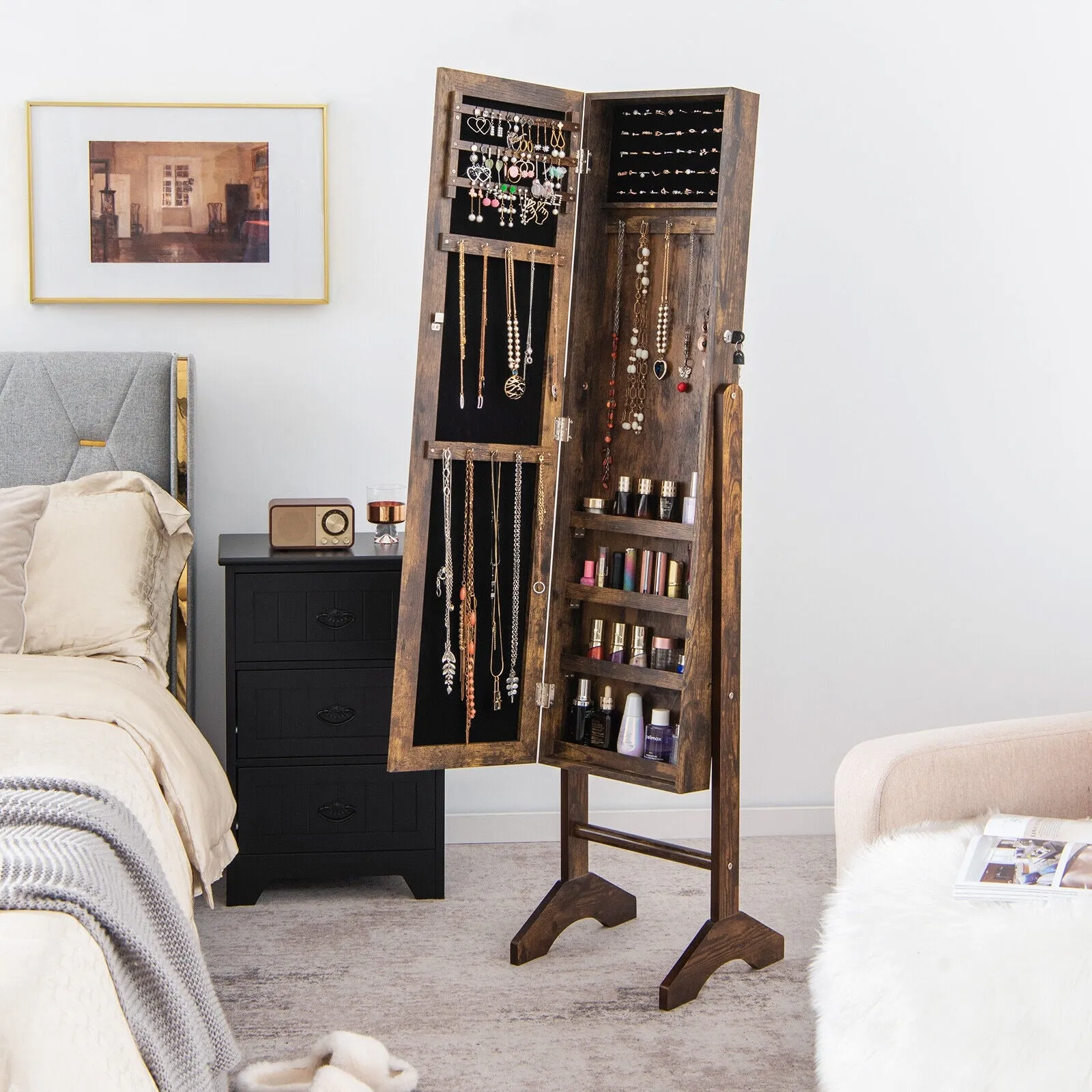 Standing Jewelry Cabinet Jewelry Armoire Cabinet with Full-Brown