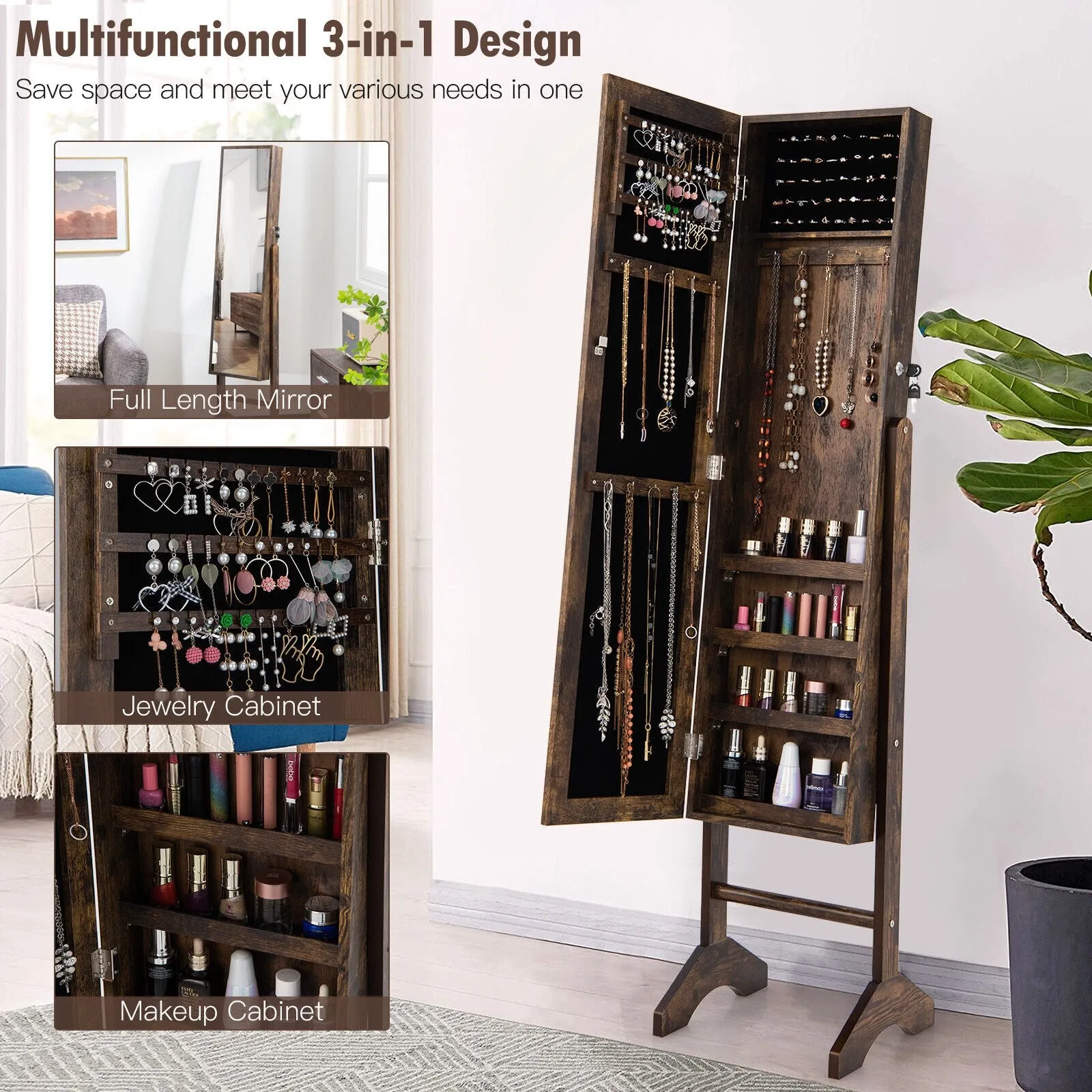 Standing Jewelry Cabinet Jewelry Armoire Cabinet with Full-Brown