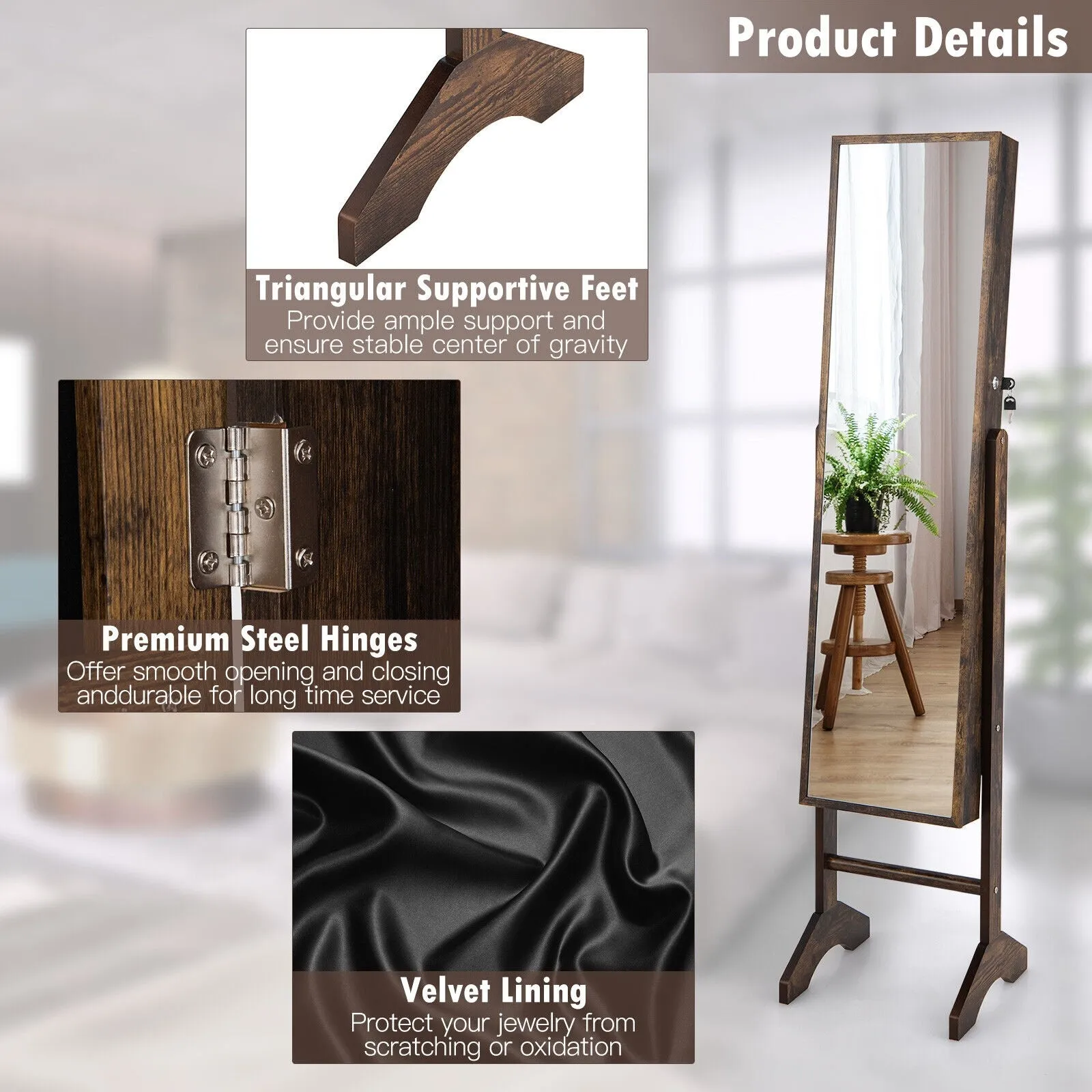 Standing Jewelry Cabinet Jewelry Armoire Cabinet with Full-Brown