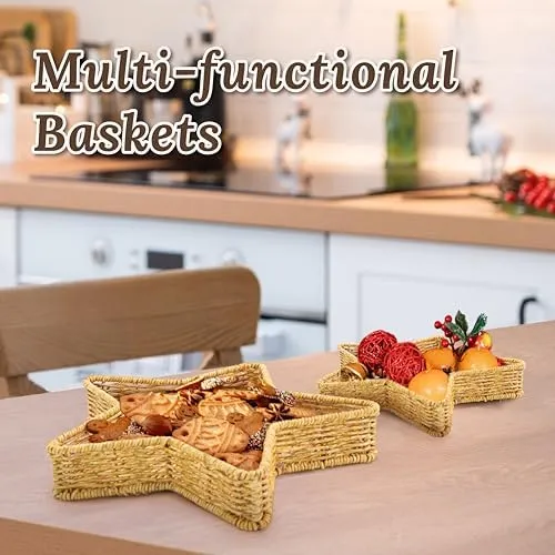 Star Wicker Basket, Rattan Basket, Decorative Basket, Star Plates, Woven Basket for Gifts, Star Dishes, Christmas Serving Dishes and Platters, Oat Milk, Resin Wicker Set of 2