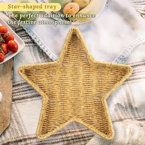 Star Wicker Basket, Rattan Basket, Decorative Basket, Star Plates, Woven Basket for Gifts, Star Dishes, Christmas Serving Dishes and Platters, Oat Milk, Resin Wicker Set of 2