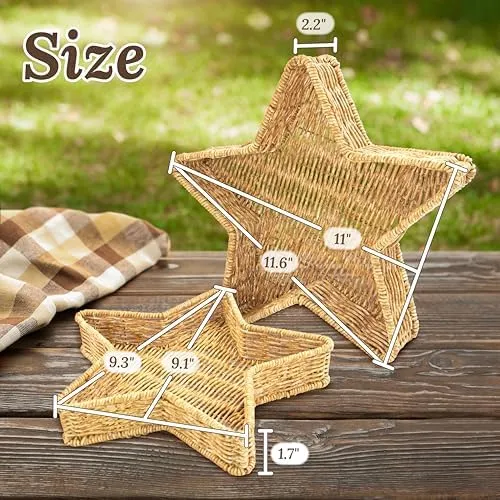 Star Wicker Basket, Rattan Basket, Decorative Basket, Star Plates, Woven Basket for Gifts, Star Dishes, Christmas Serving Dishes and Platters, Oat Milk, Resin Wicker Set of 2