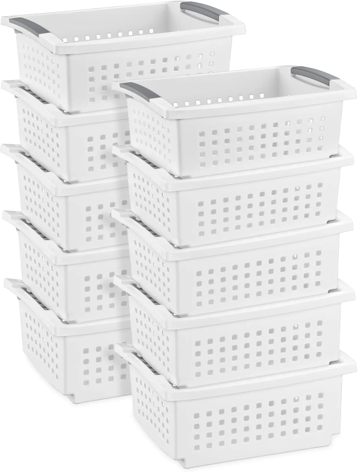 Sterilite 10 Pack Medium Stacking Basket, Plastic Stackable Storage Organizer Bin, White