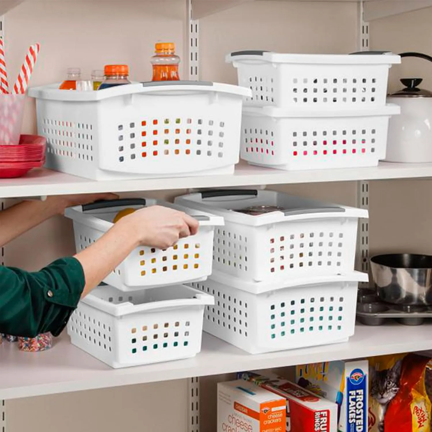 Sterilite 10 Pack Medium Stacking Basket, Plastic Stackable Storage Organizer Bin, White