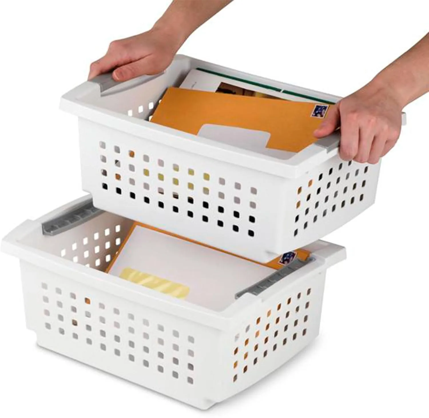 Sterilite 10 Pack Medium Stacking Basket, Plastic Stackable Storage Organizer Bin, White