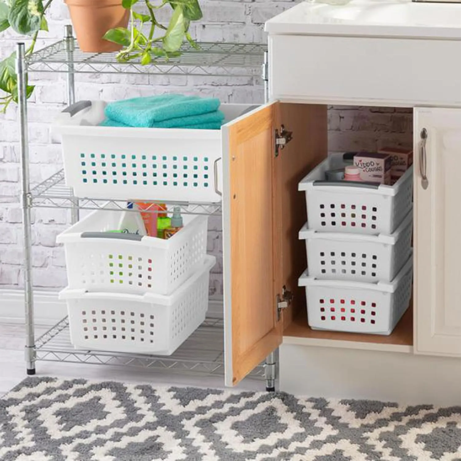 Sterilite 10 Pack Medium Stacking Basket, Plastic Stackable Storage Organizer Bin, White