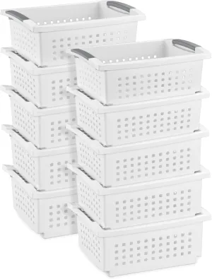Sterilite 10 Pack Medium Stacking Basket, Plastic Stackable Storage Organizer Bin, White