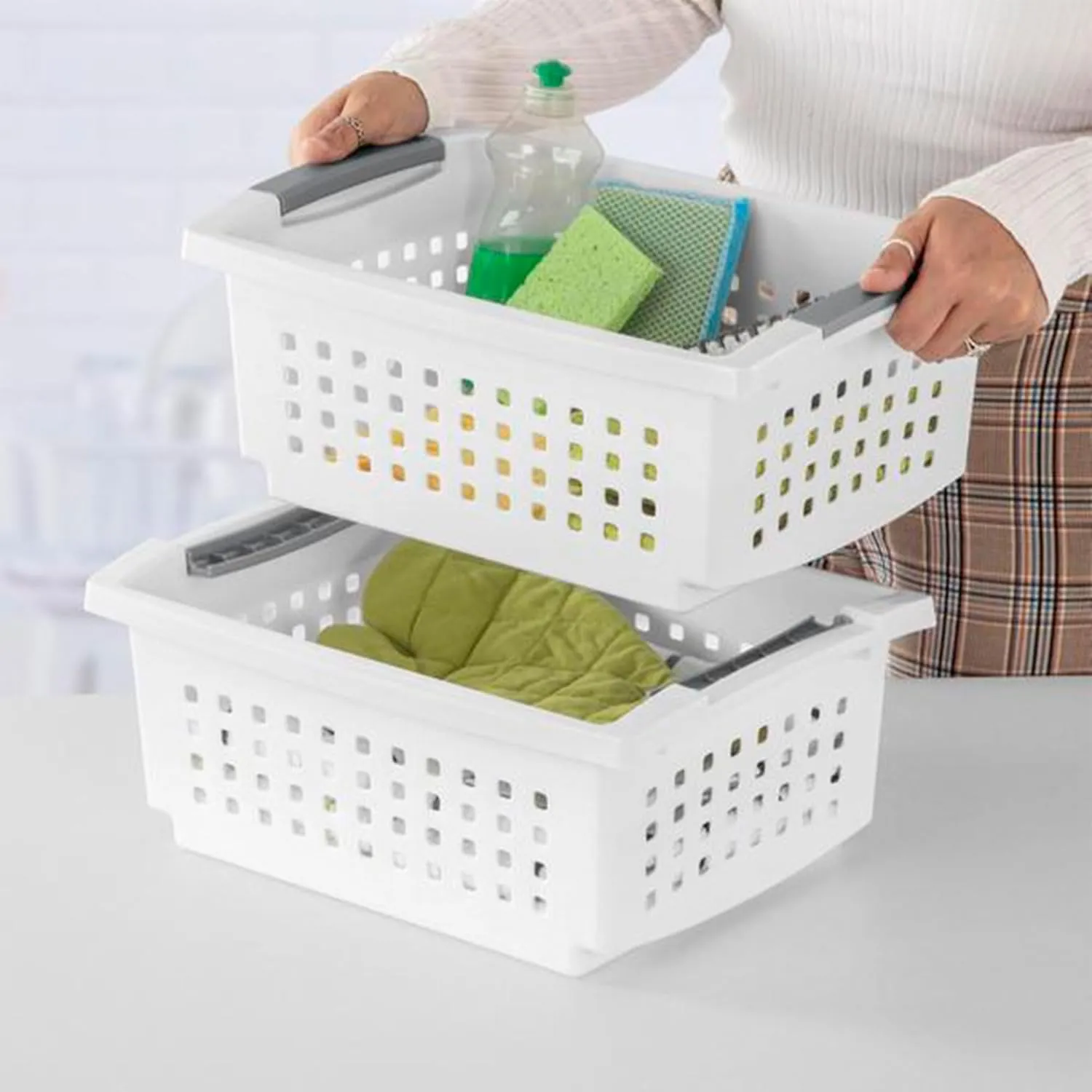 Sterilite 10 Pack Medium Stacking Basket, Plastic Stackable Storage Organizer Bin, White